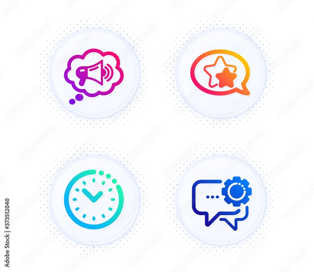 Star, Megaphone and Time management icons simple set. Button with halftone dots. Employees messenger sign. Favorite, Brand message, Office clock. Speech bubble. Business set. Vector Star, Megaphone and Time management icons simple set. Button with halftone dots. Employees messenger sign. Favorite, Brand message, Office clock. Speech bubble. Business set. Vector