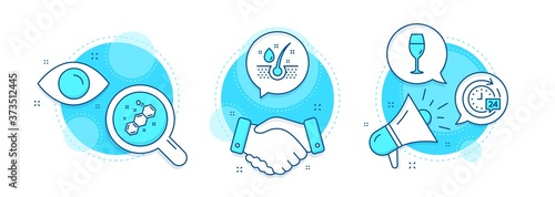 24h delivery, Serum oil and Chemical formula line icons set. Handshake deal, research and promotion complex icons. Wineglass sign. Stopwatch, Healthy hairs, Chemistry. Burgundy glass. Vector