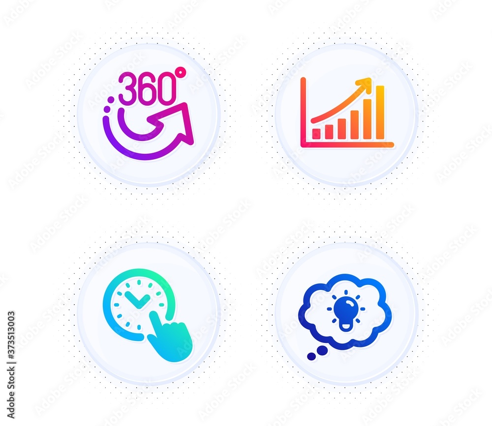 360 degrees, Time management and Graph chart icons simple set. Button with halftone dots. Energy sign. Full rotation, Office clock, Growth report. Lightbulb. Science set. Vector