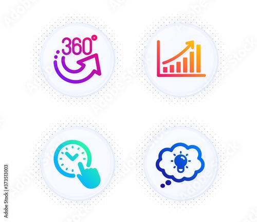 360 degrees, Time management and Graph chart icons simple set. Button with halftone dots. Energy sign. Full rotation, Office clock, Growth report. Lightbulb. Science set. Vector