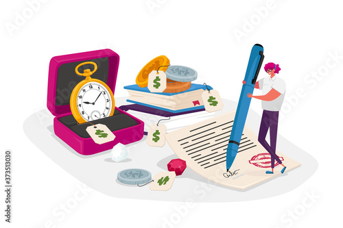 Tiny Woman in Pawn Shop Signing Paper for Buy or Sell Precious Things, Jewelry, Gold Watch, Luxury Antique Books, Coins