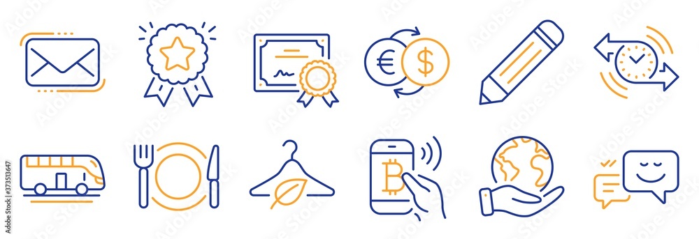 Set of Business icons, such as Restaurant food, Bus tour. Certificate, save planet. Timer, Bitcoin pay, Money exchange. Slow fashion, Ranking star, Messenger mail. Vector Set of Business icons, such as Restaurant food, Bus tour. Certificate, save planet. Timer, Bitcoin pay, Money exchange. Slow fashion, Ranking star, Messenger mail. Vector
