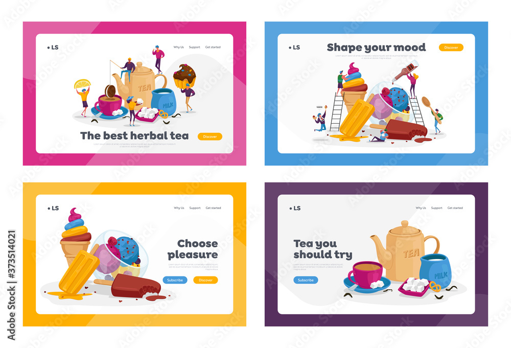 Tea Drinking, Ice Cream Treat Landing Page Template Set. Tiny Characters at Huge Teapot, Cup with Beverage and Milk