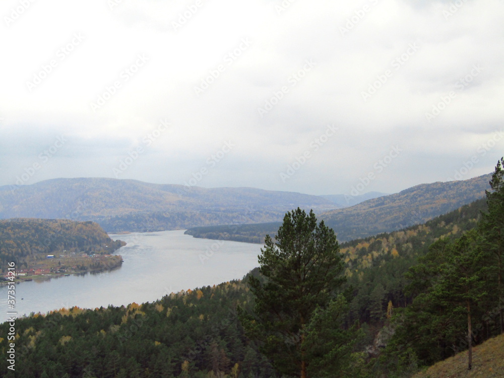 Autumn forest mountains, river landscape