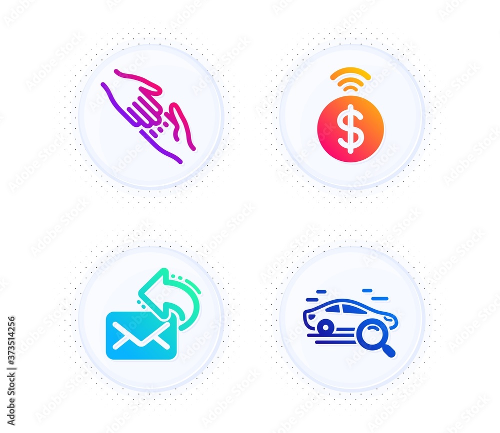 Helping hand, Share mail and Contactless payment icons simple set. Button with halftone dots. Search car sign. Give gesture, New e-mail, Financial payment. Find transport. Business set. Vector