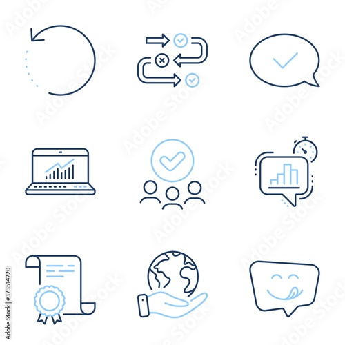 Statistics timer, Approved message and Survey progress line icons set. Diploma certificate, save planet, group of people. Yummy smile, Recovery data and Online statistics signs. Vector