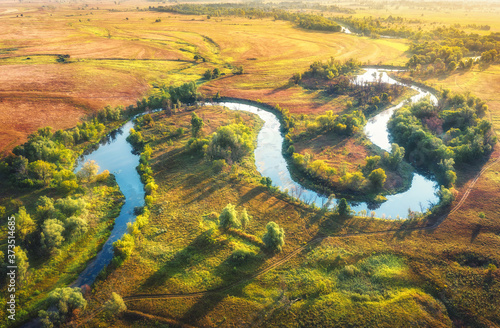 Aerial view of beautiful curving river at sunrise in summer. View from air. Turns of river, green meadows with grass and trees at dawn. Colorful aerial landscape of river coast at sunset. Top view