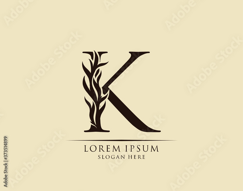 Callygraphy K Letter. Graceful royal style. Calligraphic arts logo. Vintage drawn emblem for book design, brand name, stamp, Restaurant, Boutique, Hotel.