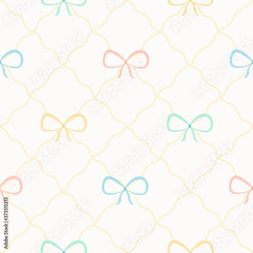 Vector seamless pattern with ribbons and bows in different colors on white background. For wallpapers, decoration, invitation, fabric, textile and print, web page background, gift and wrapping paper. 