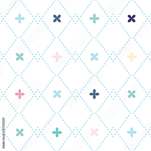 Vector seamless pattern with rhombuses and abstract flowers in different colors. For wallpapers, decoration, invitation, fabric, textile and print, web page background, gift and wrapping paper. 