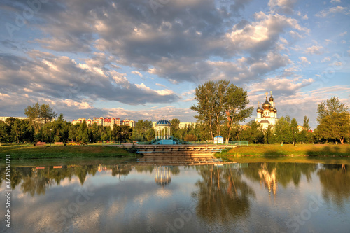 Preobrazhensky park in the city of Abakan. View of the Transfiguration Cathedral. The Republic of Khakassia. Russia.