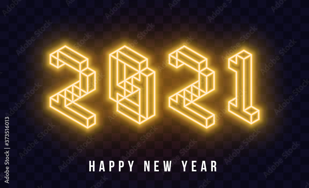 2021 Happy New Year Isometric Neon Text. 2021 New Year Design template for Seasonal Flyers and Greetings Card or Christmas themed invitations. Light Banner. Vector Illustration.