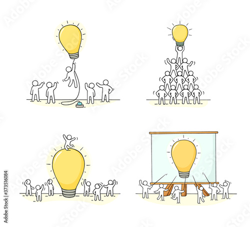 Doodle set of workers with lamp ideas