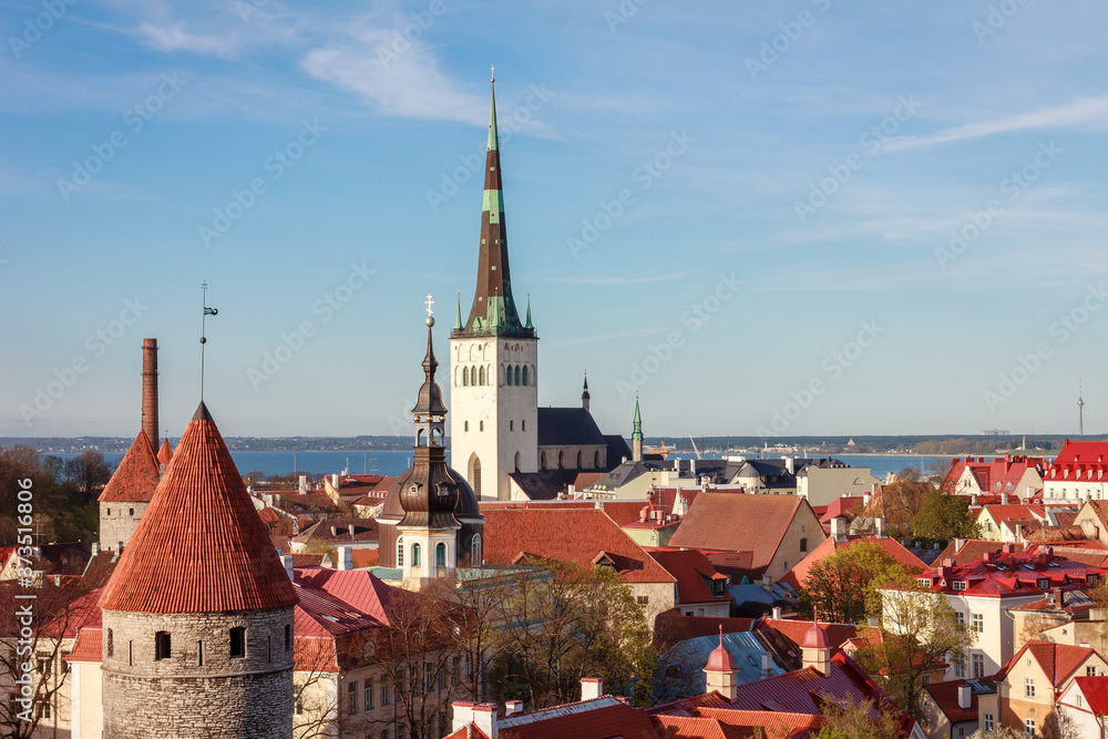 Tallinn old town cityscape, Estonia, aerial, St Olaf's church