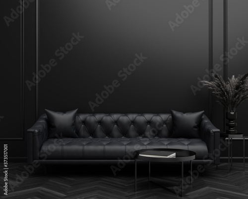 Black Tufted Sofa Couch Mid-Century Modern Dark Living Room Blank Empty Wall Copy Space