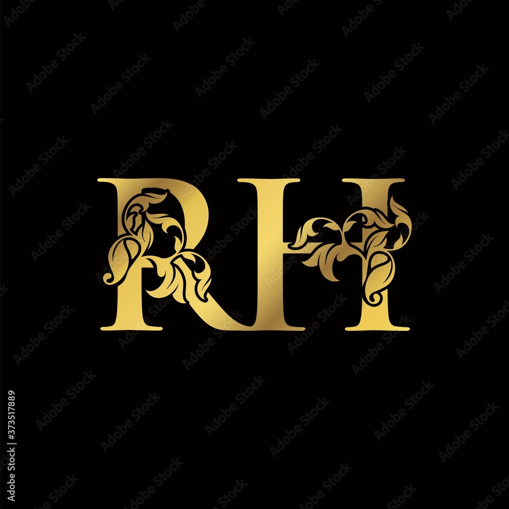 Gold Luxury R and H, RH Letter Initial Logo Icon, Monogram Floral Leaf Logo Design. Gold Luxury R and H, RH Letter Initial Logo Icon, Monogram Floral Leaf Logo Design.