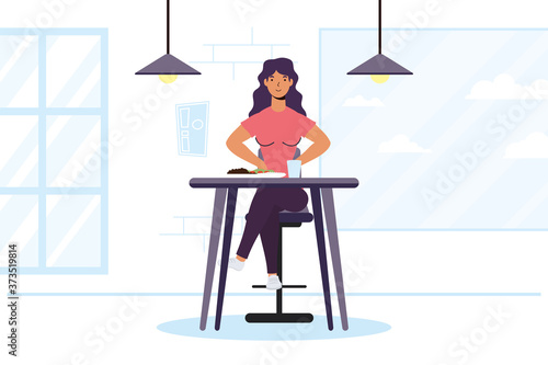 young woman dinning in restaurant character