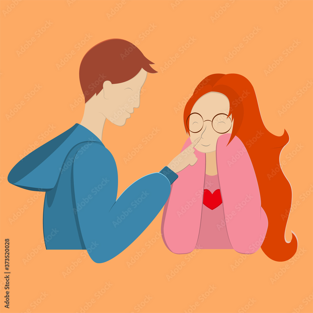 vector illustration a guy in a blue jacket touches the tip of the nose of a girl in glasses with red hair in a pink sweater who squints with pleasure vector illustration a guy in a blue jacket touches the tip of the nose of a girl in glasses with red hair in a pink sweater who squints with pleasure