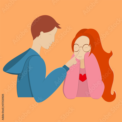 vector illustration a guy in a blue jacket touches the tip of the nose of a girl in glasses with red hair in a pink sweater who squints with pleasure