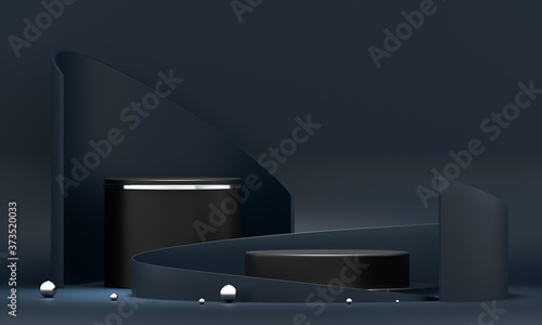 3D rendering podium geometry with blue and gold elements. Abstract geometric shape blank podium. Minimal scene round step floor abstract composition. Empty showcase, pedestal platform display.
