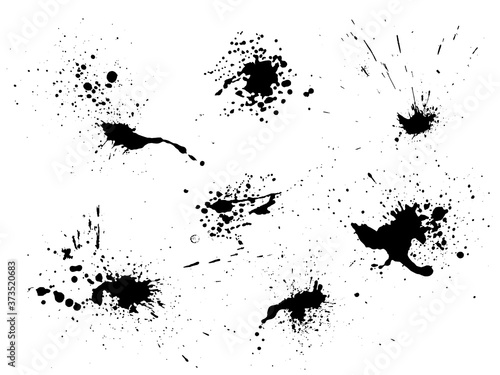 Vector black and white ink splash, blot and brush stroke, spot, spray, smudge, spatter, splatter, drip, drop, ink blob Grunge textured elements for design, background.