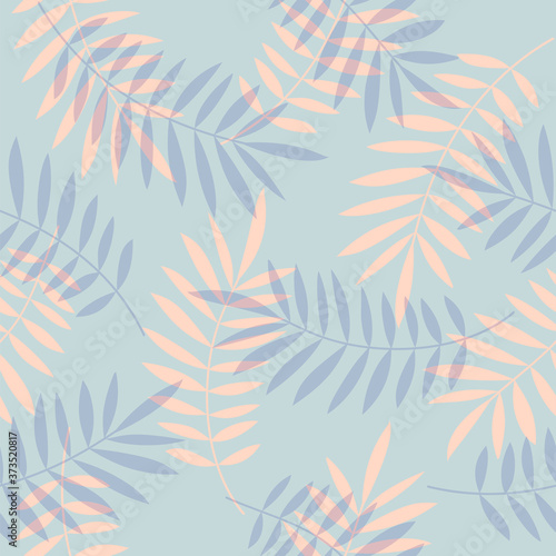 Palm leaves seamless vector pattern. Minimal floral background. Exotic tropical plant leaf print illustration. Summer jungle print. Leaves of palm tree on paint lines.