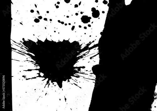 Vector black and white background with ink splash, blot and brush stroke, spot, spray, smudge, spatter, splatter, drip, drop, ink blob Grunge textured elements for design, background.