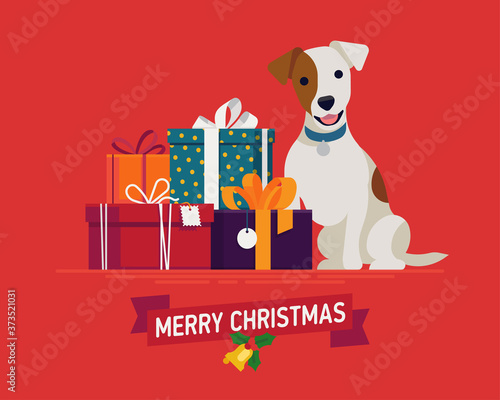 Beautiful vector ‘Merry Christmas’ greeting card, banner or poster template with cute terrier dog sitting next to stacked gift packages