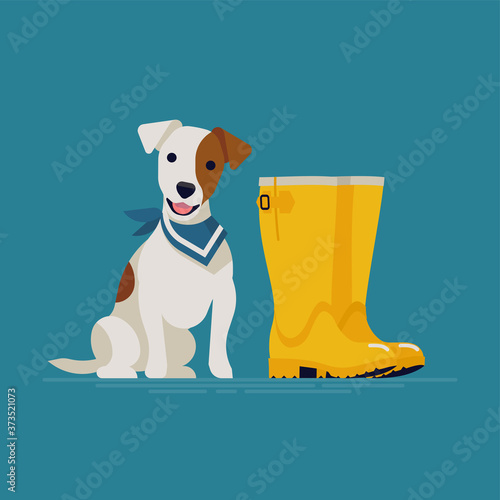 Lovely vector illustration on terrier dog ready for a walk wearing blue bandana or neckerchief sitting next to yellow rubber boots. Cute white coated with brown markings jack russell