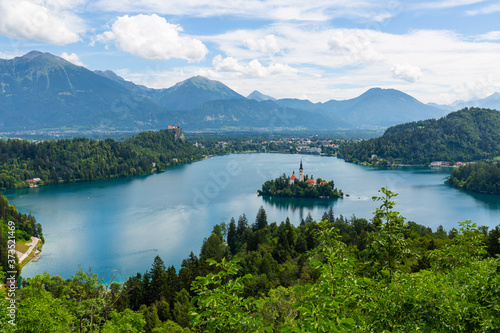Summer Lake Bled from viewpoint Ojstrica  Slovenia