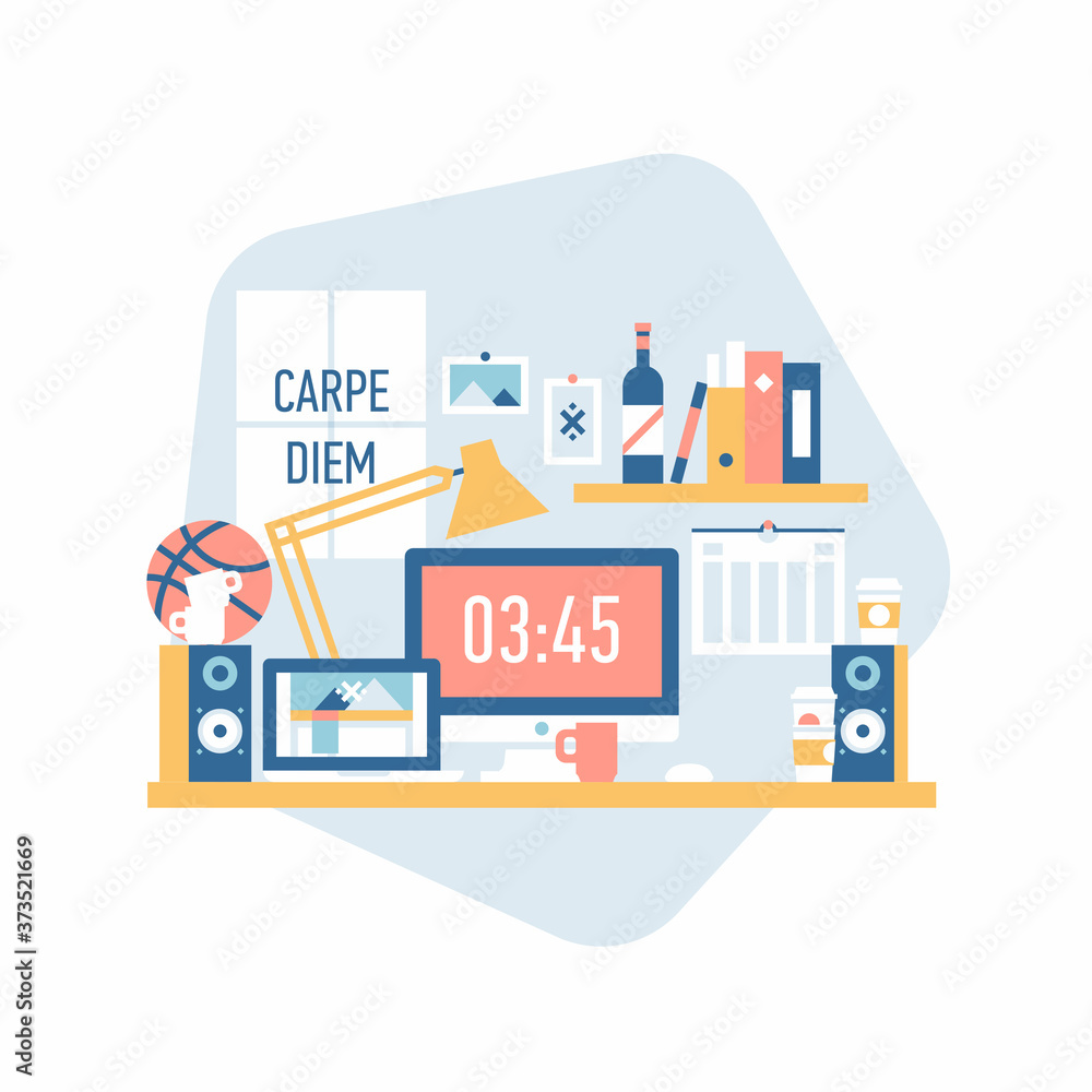 Cool flat vector design element on freelancer workplace in light colours. Creative industry professional work desk Cool flat vector design element on freelancer workplace in light colours. Creative industry professional work desk