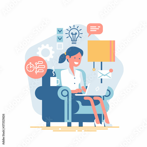 Vector design element on creative industry professional sitting in armchair with laptop working on idea surrounded by creative process icons and symbols