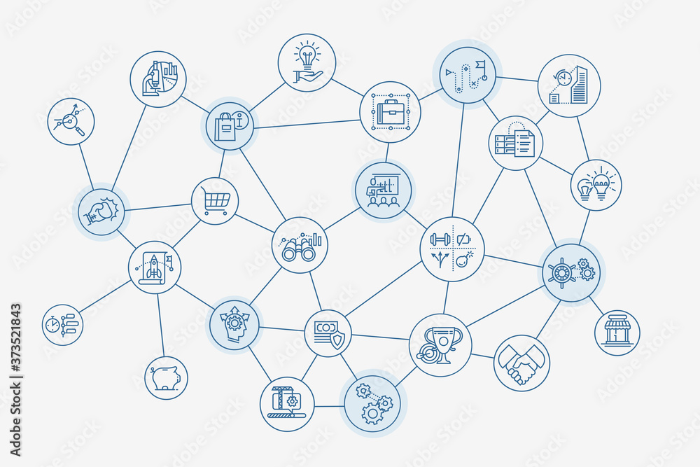 Minimalistic abstract vector concept illustration on planning, communication and research in business and industry with commerce and finance themed round icons and symbols interlinked Minimalistic abstract vector concept illustration on planning, communication and research in business and industry with commerce and finance themed round icons and symbols interlinked