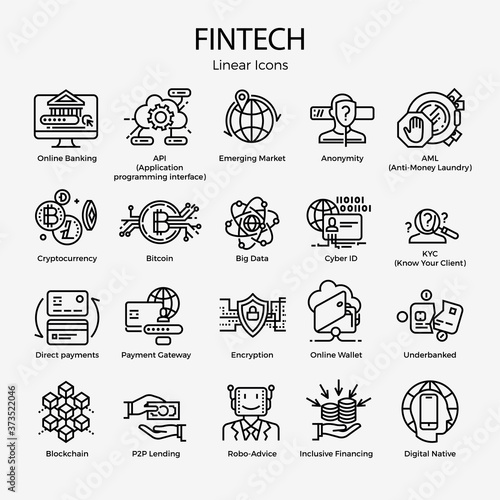 Cool vector set of monoweight linear icons and symbols on Fintech. Editable stroke design elements on innovative Financial Technology, featuring Blockchain, direct payments,