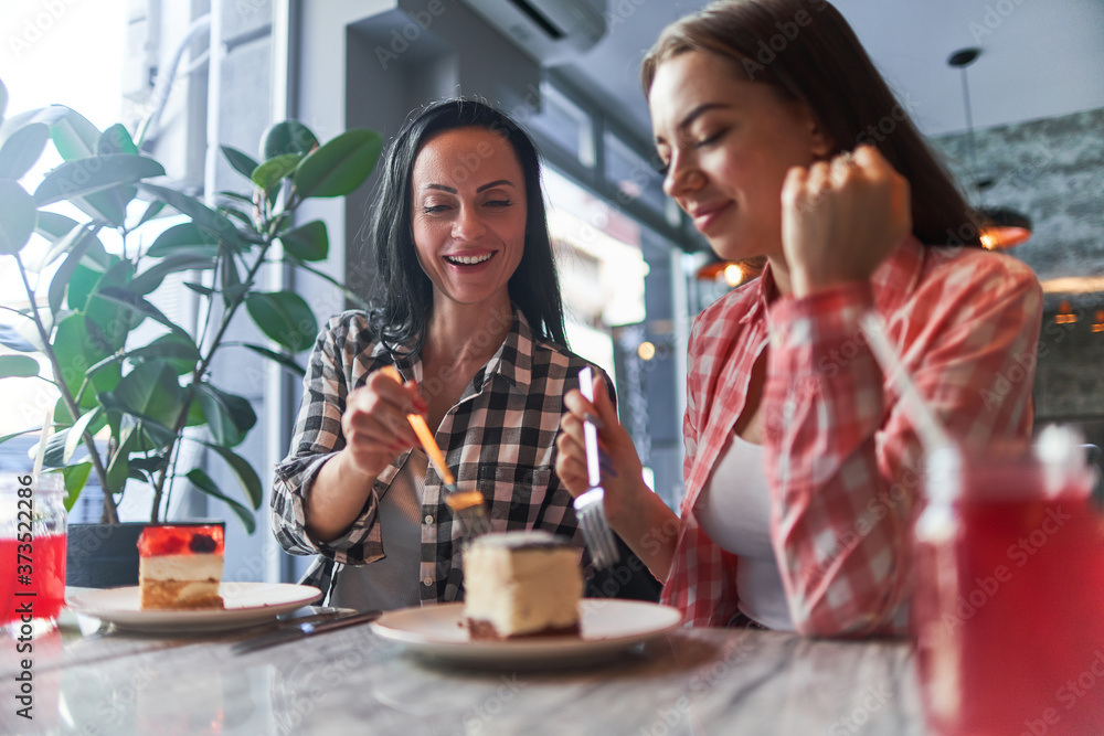 Happy smiling mother and joyful teenage daughter eating cakes and have good time together in a cafe Happy smiling mother and joyful teenage daughter eating cakes and have good time together in a cafe
