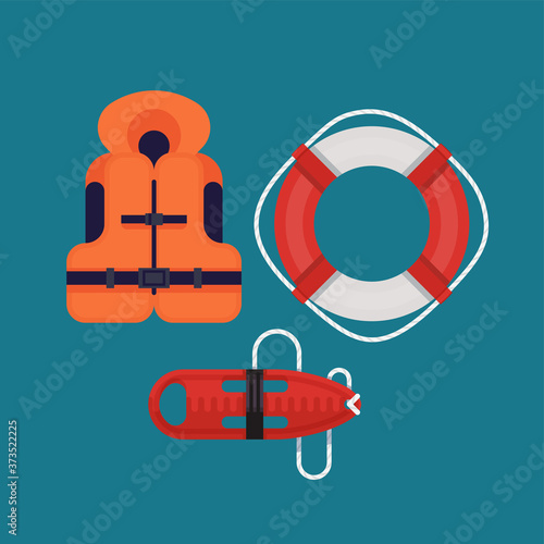 Cool vector design elements on safety on water. Rescue lifesavers illustrations in flat design featuring life jacket, lifebuoy ring and torpedo lifeguard buoy