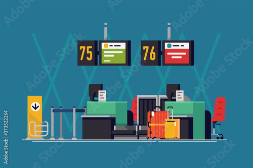 Cool vector background on airport check-in desk in trendy flat design. Travel themed illustration on international airport terminal airline counters with luggage and abstract flight information boards
