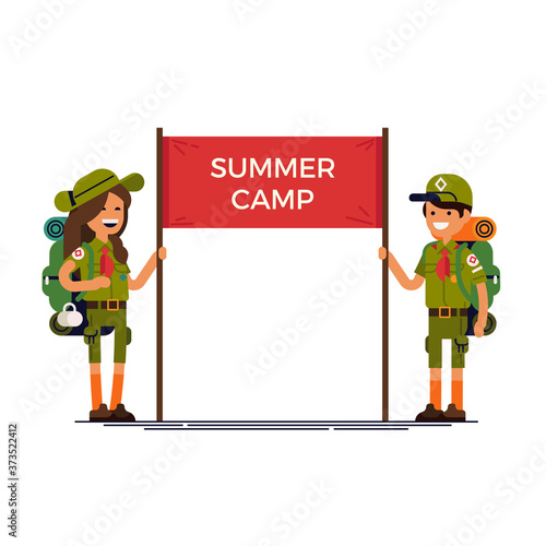Cool vector design element on kids summer camp with couple of caucasian kids wearing hiking backpacks and scout uniform holding 'Summer Camp' sign