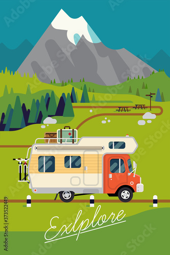 Cool vector 'Explore' poster template with summer in mountains featuring camping caravan truck with bicycles and luggage riding scenic road © Mascha Tace