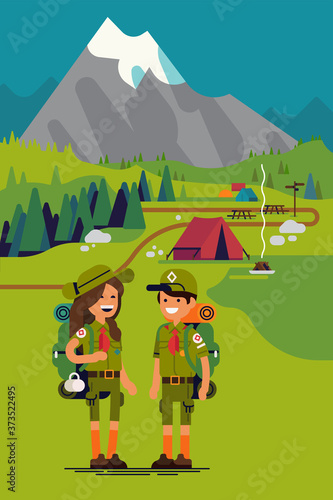 Quality flat vector scout kids characters standing in the mountains with tent camp on background. Mountain summer camp. Hiking activities in summer vacation for kids