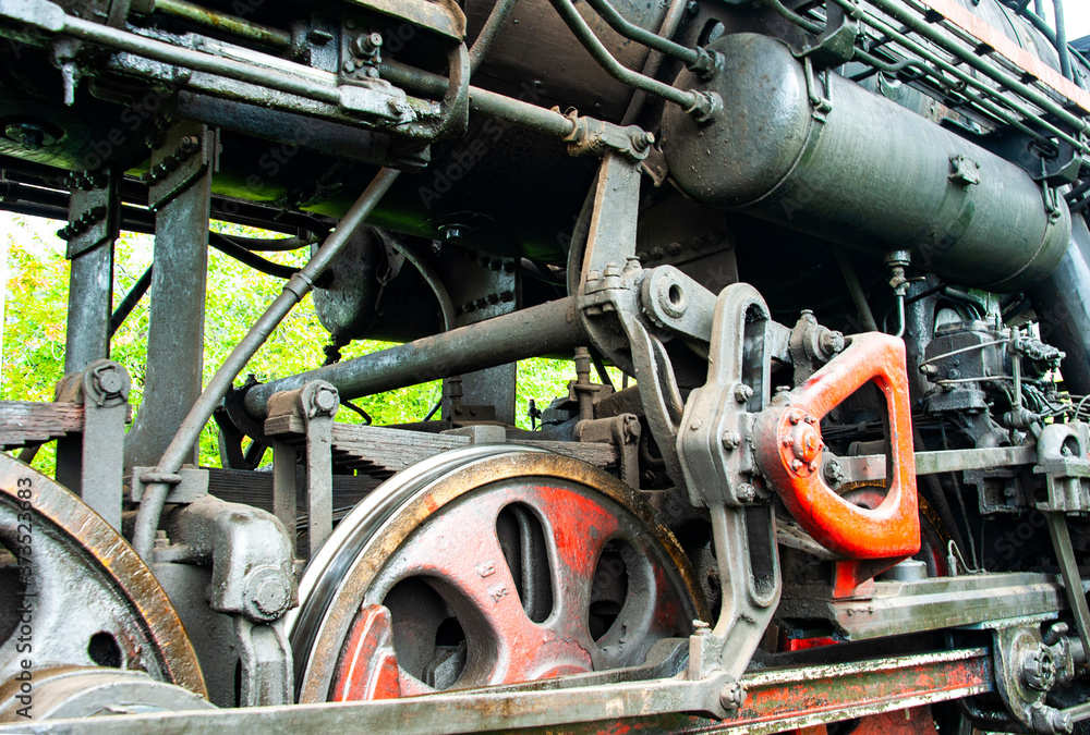 Close-up photo of the Old Steam train engine and wheels  
