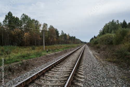 old railway in forest on cloudy autumn