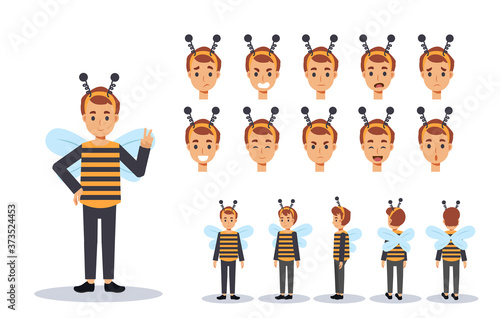 Little Boy in bee costume for Halloween festival.trick or treat. Front, side, back view animated character.Vector Character creation set with various views, Cartoon style, flat vector illustration.