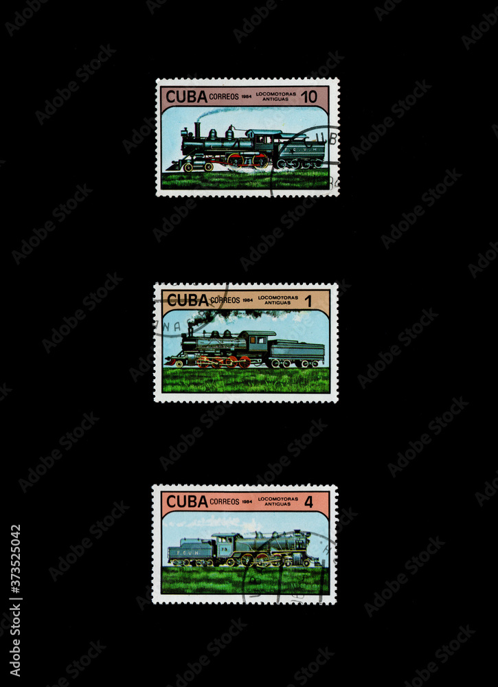 post stamps of different steam locomotives and train printed in Cuba