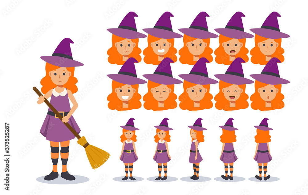 Little Girl in witch costume for Halloween festival.trick or treat. Front, side, back view animated character.Vector Character creation set, Cartoon style, flat vector illustration. Little Girl in witch costume for Halloween festival.trick or treat. Front, side, back view animated character.Vector Character creation set, Cartoon style, flat vector illustration.