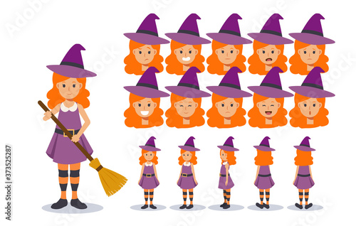Little Girl in witch costume for Halloween festival.trick or treat. Front, side, back view animated character.Vector Character creation set, Cartoon style, flat vector illustration.