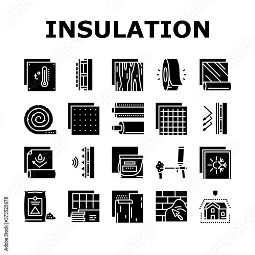 Insulation Building Collection Icons Set Vector. Insulation Roll Material And Wooden Plywood, Waterproof And Temperature Preservation Layer Glyph Pictograms Black Illustrations