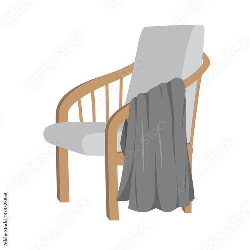 Scandinavian style modern gray armchair with wooden legs and plaid, isolated on white background. Vector flat illustration. Furniture, interior object, stylish armchair. Single piece of furniture