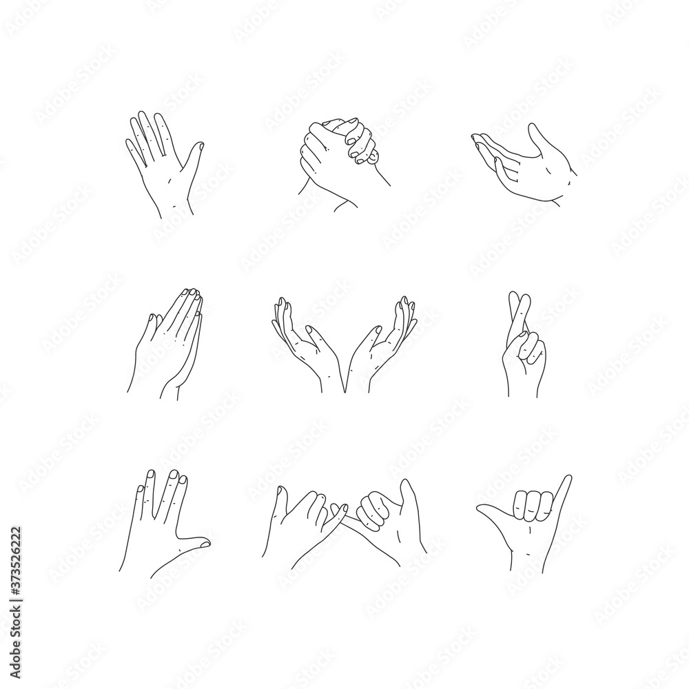 Collection of hands symbols in a trendy minimal outline style. Set of hands in different poses. Vector Illustration isolaterd on white background Collection of hands symbols in a trendy minimal outline style. Set of hands in different poses. Vector Illustration isolaterd on white background