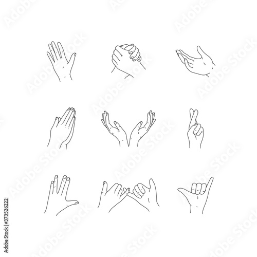 Collection of hands symbols in a trendy minimal outline style. Set of hands in different poses. Vector Illustration isolaterd on white background